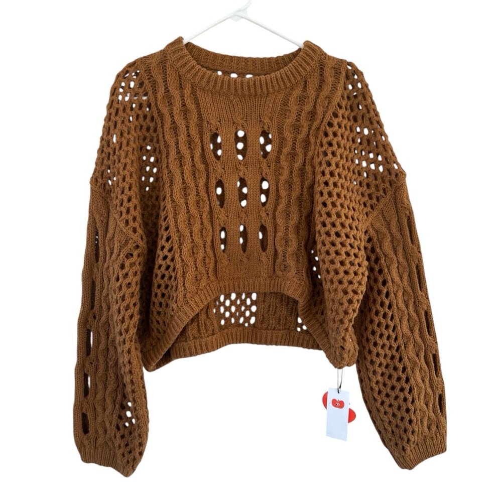 CIDER Brown Hollow Out Knit Crop Long Sleeve Sweater NEW 2XL